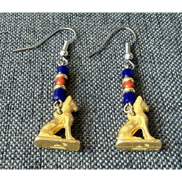 Egyptian Revival Cat Lover Bastet Dangle Pierced Earrings Pewter Carnelian Beads - Picture 7 of 11